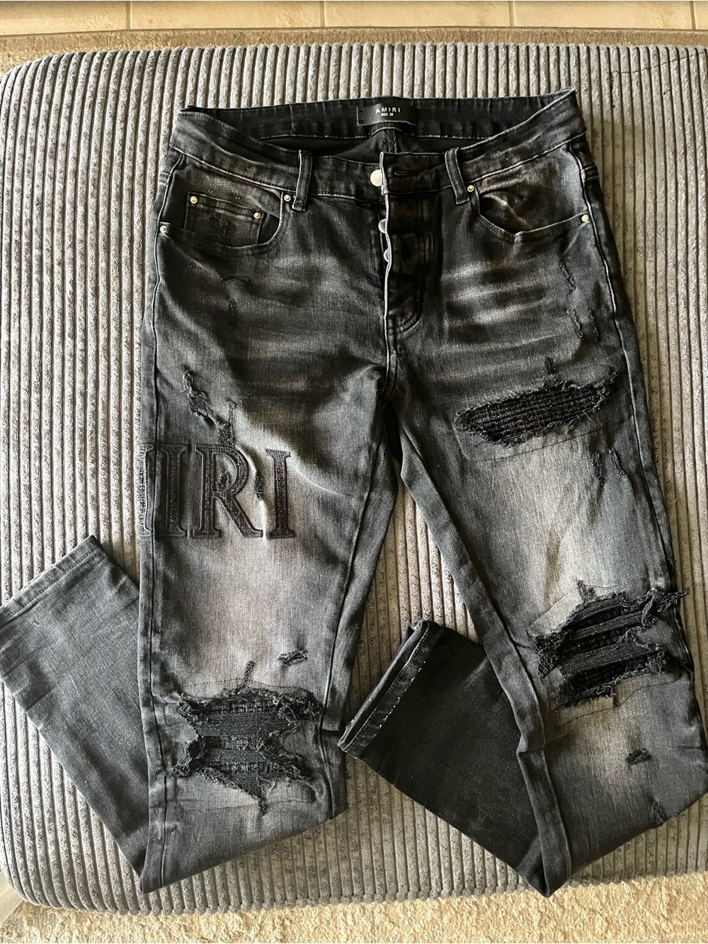 AMIRI Distressed Black Grey Skinny Jeans with Embroidered Logo